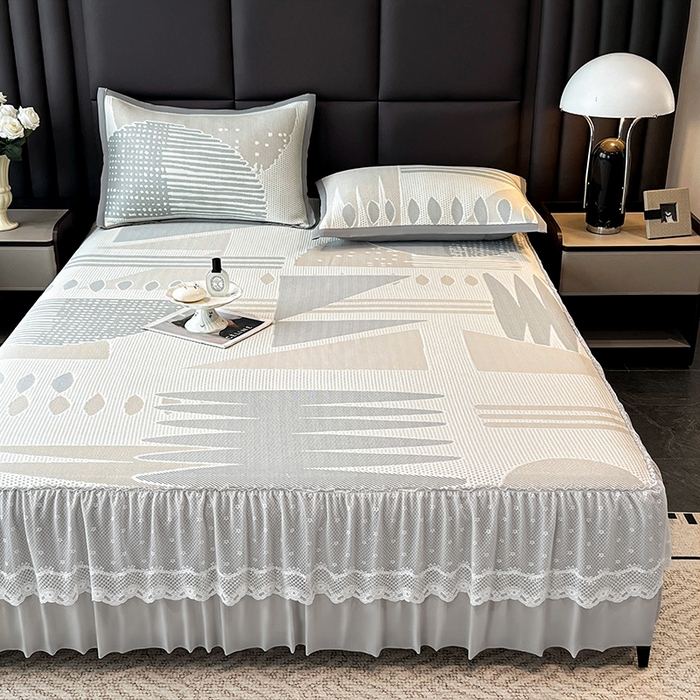 91家纺网 家纺一手货源 找家纺 雅诗帛 2026新款凉感丝PE凉感床裙款凉席三件套-几何系列 几何灰-床裙