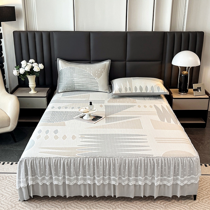 91家纺网 家纺一手货源 找家纺 雅诗帛 2026新款凉感丝PE凉感床裙款凉席三件套-几何系列 几何灰-床裙