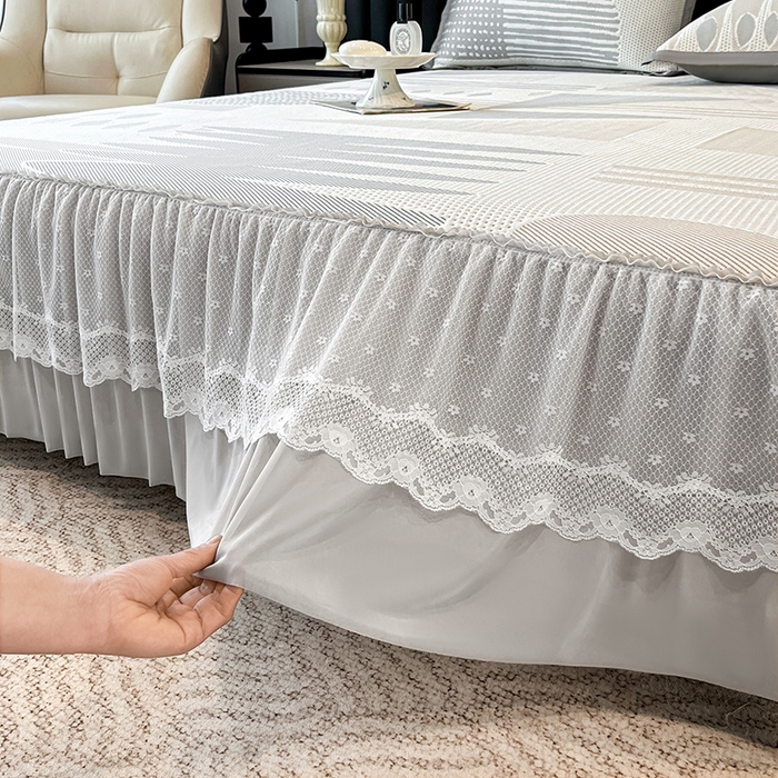 91家纺网 家纺一手货源 找家纺 雅诗帛 2026新款凉感丝PE凉感床裙款凉席三件套-几何系列 几何灰-床裙