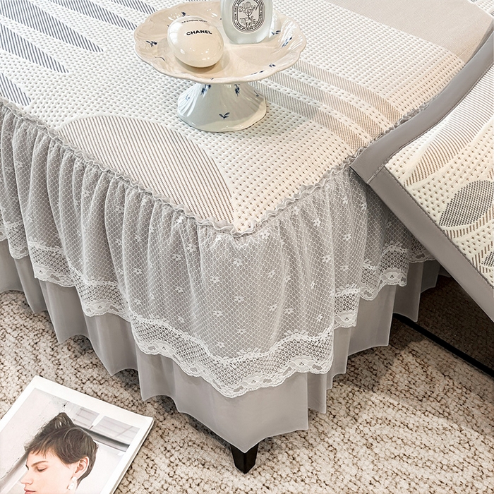 91家纺网 家纺一手货源 找家纺 雅诗帛 2026新款凉感丝PE凉感床裙款凉席三件套-几何系列 几何灰-床裙