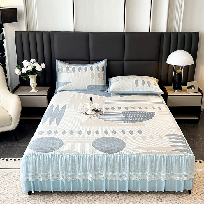 91家纺网 家纺一手货源 找家纺 雅诗帛 2026新款凉感丝PE凉感床裙款凉席三件套-几何系列 几何蓝-床裙