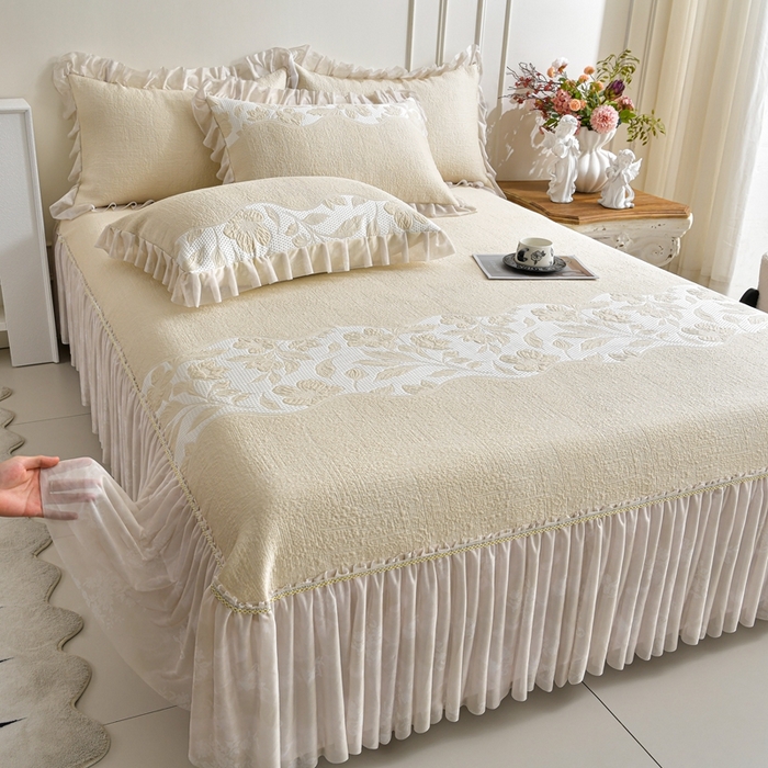 91家纺网 家纺一手货源 找家纺 （总）诺梵家纺 2026新款冰豆豆PE高分子凉感印花床裙款凉席三件套