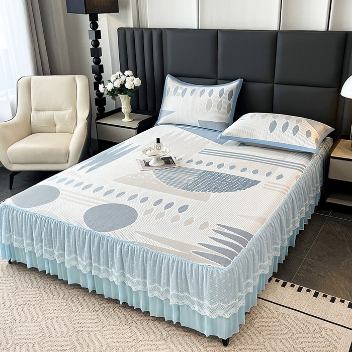 91家纺网 家纺一手货源 找家纺 雅诗帛 2026新款凉感丝PE凉感床裙款凉席三件套-几何系列 几何蓝-床裙