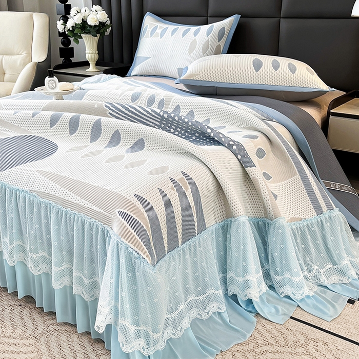 91家纺网 家纺一手货源 找家纺 雅诗帛 2026新款凉感丝PE凉感床裙款凉席三件套-几何系列 几何蓝-床裙