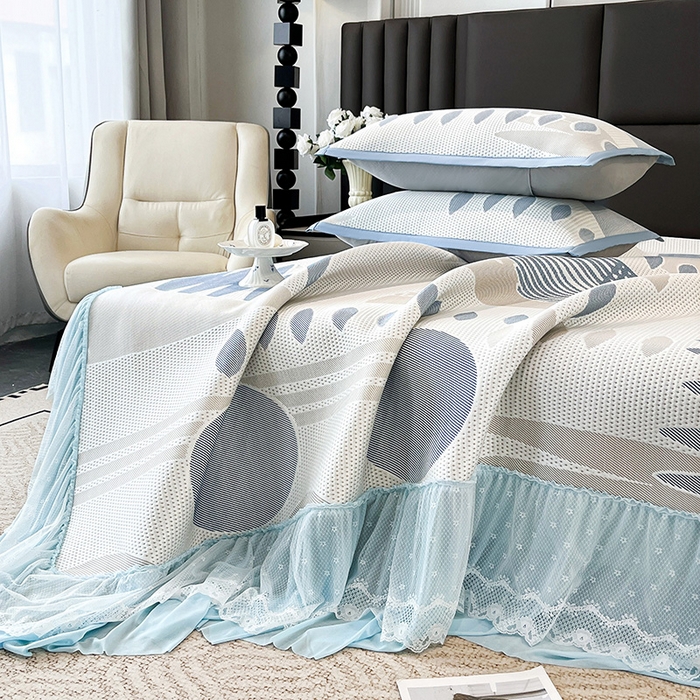 91家纺网 家纺一手货源 找家纺 雅诗帛 2026新款凉感丝PE凉感床裙款凉席三件套-几何系列 几何蓝-床裙