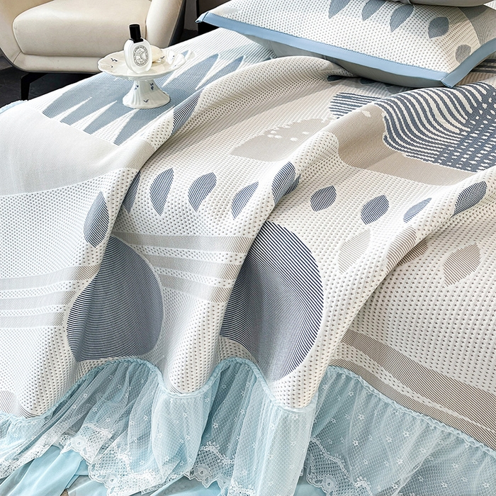 91家纺网 家纺一手货源 找家纺 雅诗帛 2026新款凉感丝PE凉感床裙款凉席三件套-几何系列 几何蓝-床裙