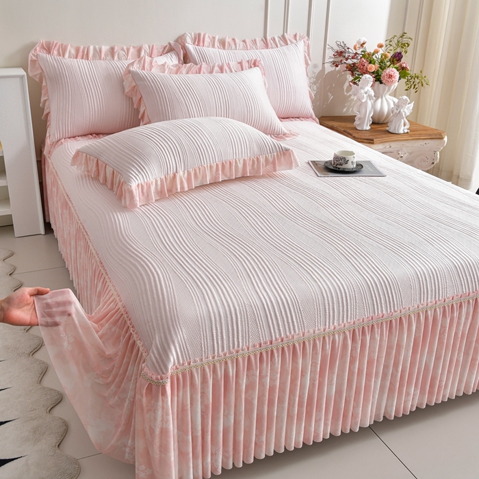 诺梵家纺 2026新款冰豆豆PE高分子凉感印花床裙款凉席三件套 简时光粉