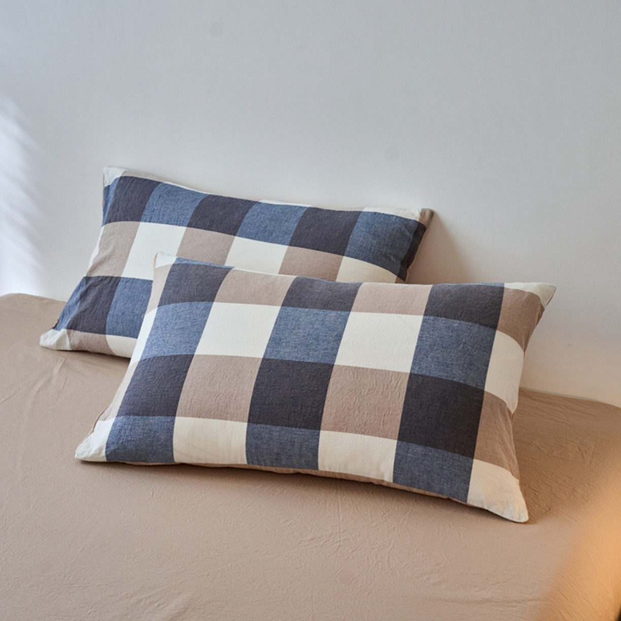 春皖家纺 2026春夏新款全棉水洗棉单枕套枕套单件单品枕套 素雅-蓝大格