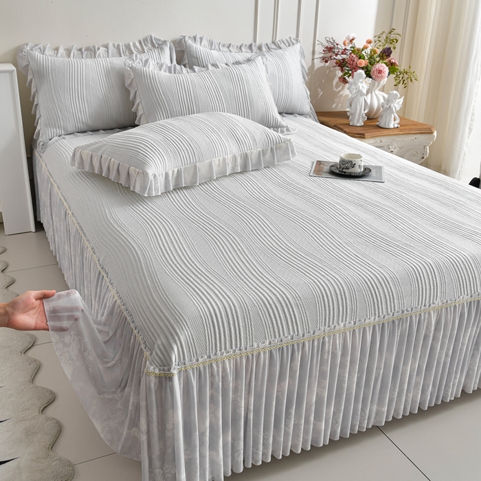 诺梵家纺 2026新款冰豆豆PE高分子凉感印花床裙款凉席三件套 简时光灰