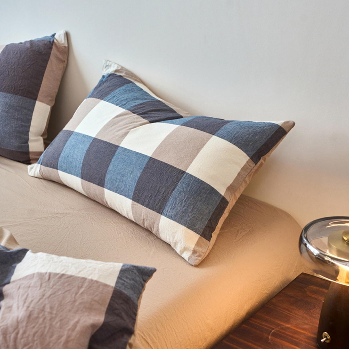 91家纺网 家纺一手货源 找家纺 春皖家纺 2026春夏新款全棉水洗棉单枕套枕套单件单品枕套 素雅-蓝大格