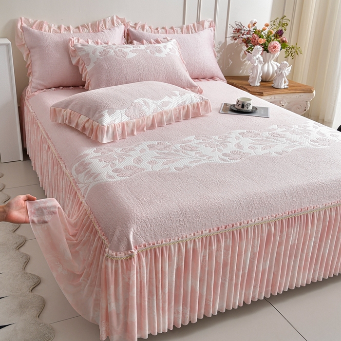 诺梵家纺 2026新款冰豆豆PE高分子凉感印花床裙款凉席三件套 小蛮腰粉