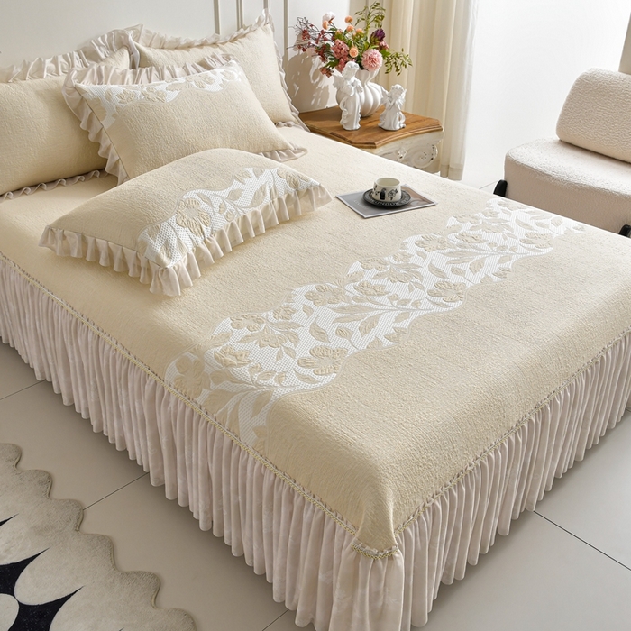 91家纺网 家纺一手货源 找家纺 诺梵家纺 2026新款冰豆豆PE高分子凉感印花床裙款凉席三件套 小蛮腰黄