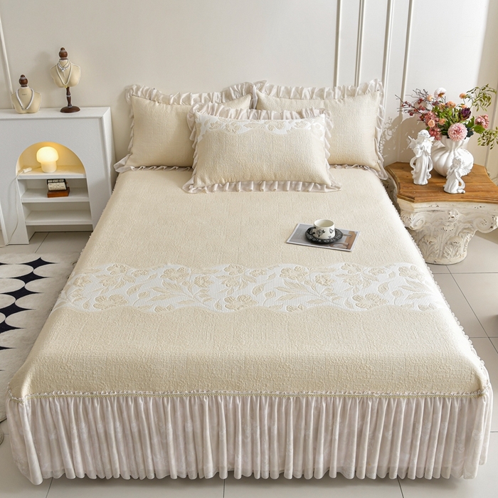 91家纺网 家纺一手货源 找家纺 诺梵家纺 2026新款冰豆豆PE高分子凉感印花床裙款凉席三件套 小蛮腰黄