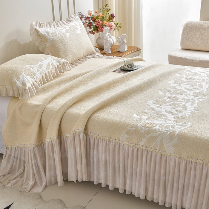 91家纺网 家纺一手货源 找家纺 诺梵家纺 2026新款冰豆豆PE高分子凉感印花床裙款凉席三件套 小蛮腰黄