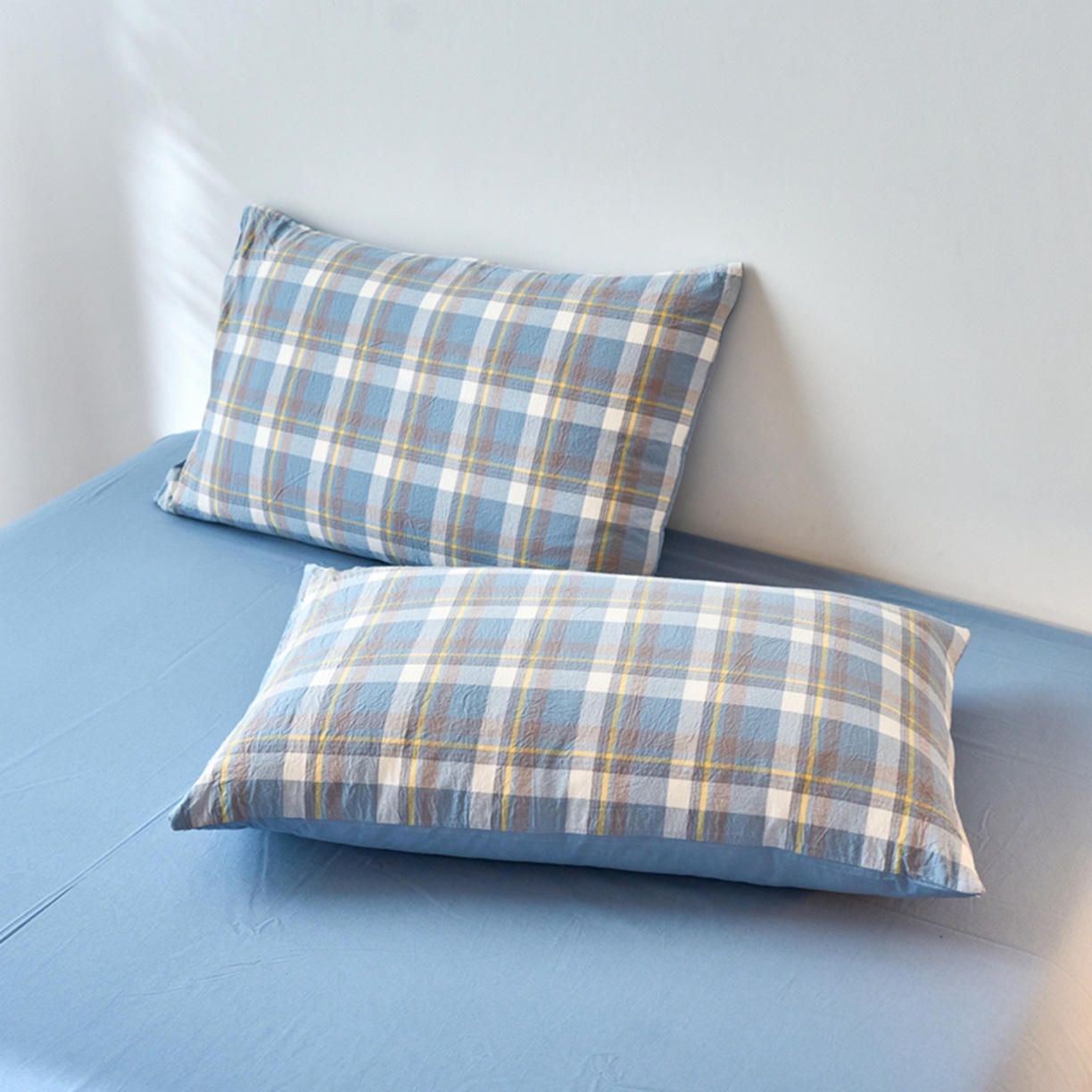 91家纺网 家纺一手货源 找家纺 春皖家纺 2026春夏新款全棉水洗棉单枕套枕套单件单品枕套 素雅-蓝格