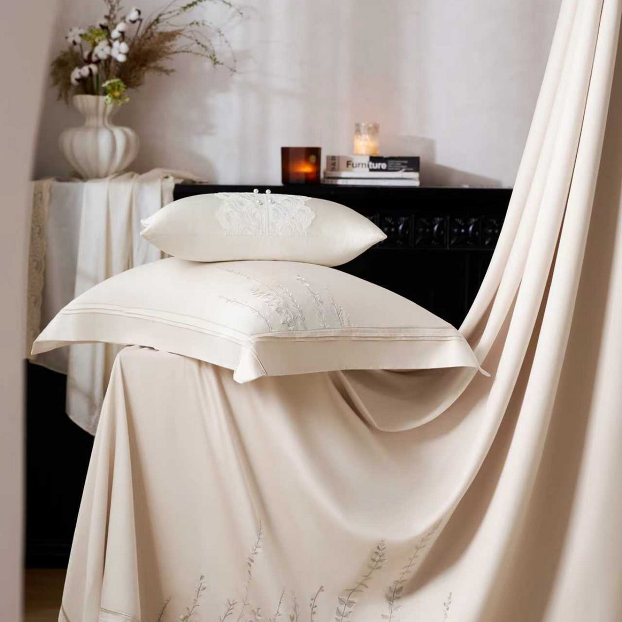 91家纺网 家纺一手货源 找家纺 （总）玖玖爱家纺 2026新款100支长绒棉东方禅意柔奢风极简治愈四件套-漫枝