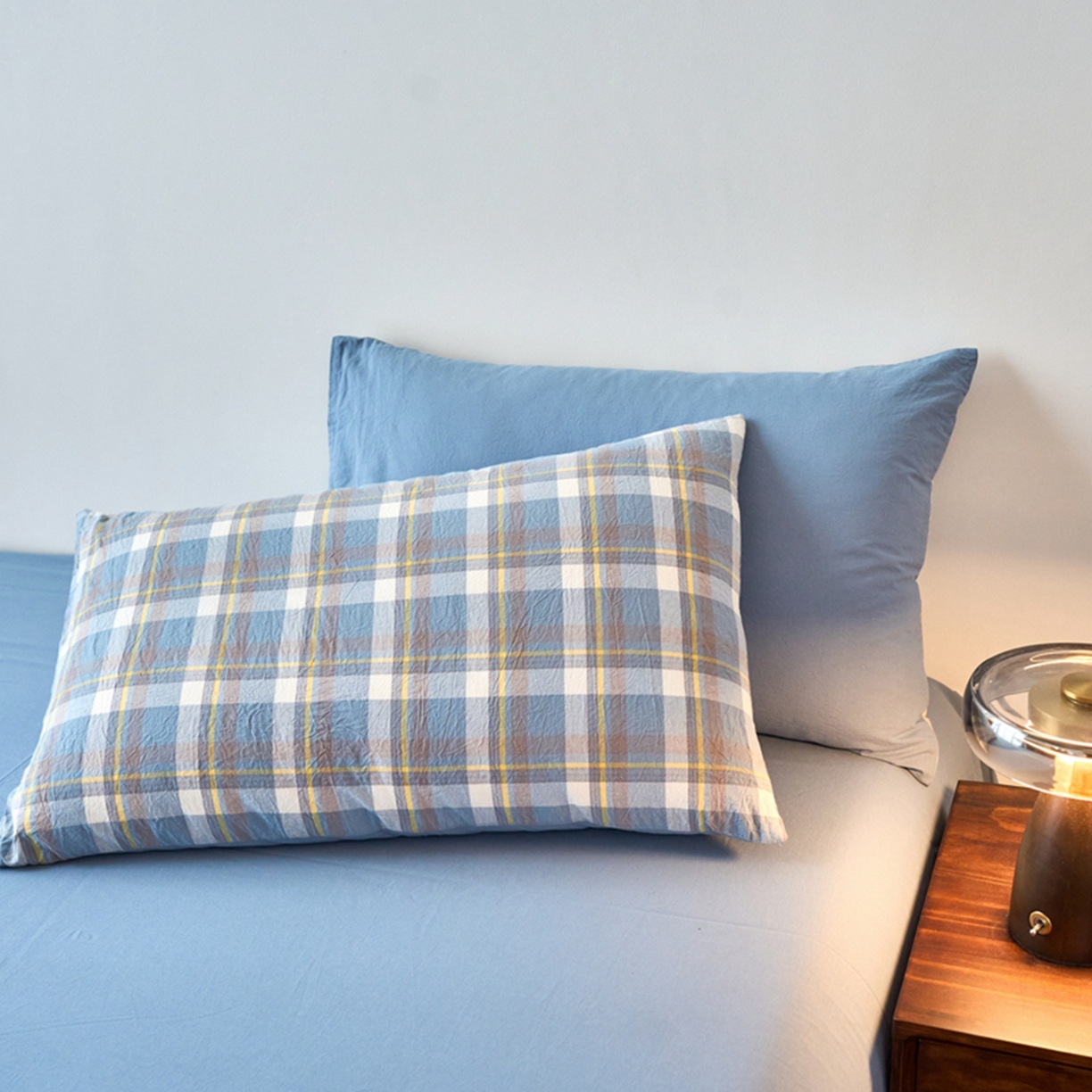 91家纺网 家纺一手货源 找家纺 春皖家纺 2026春夏新款全棉水洗棉单枕套枕套单件单品枕套 素雅-蓝格