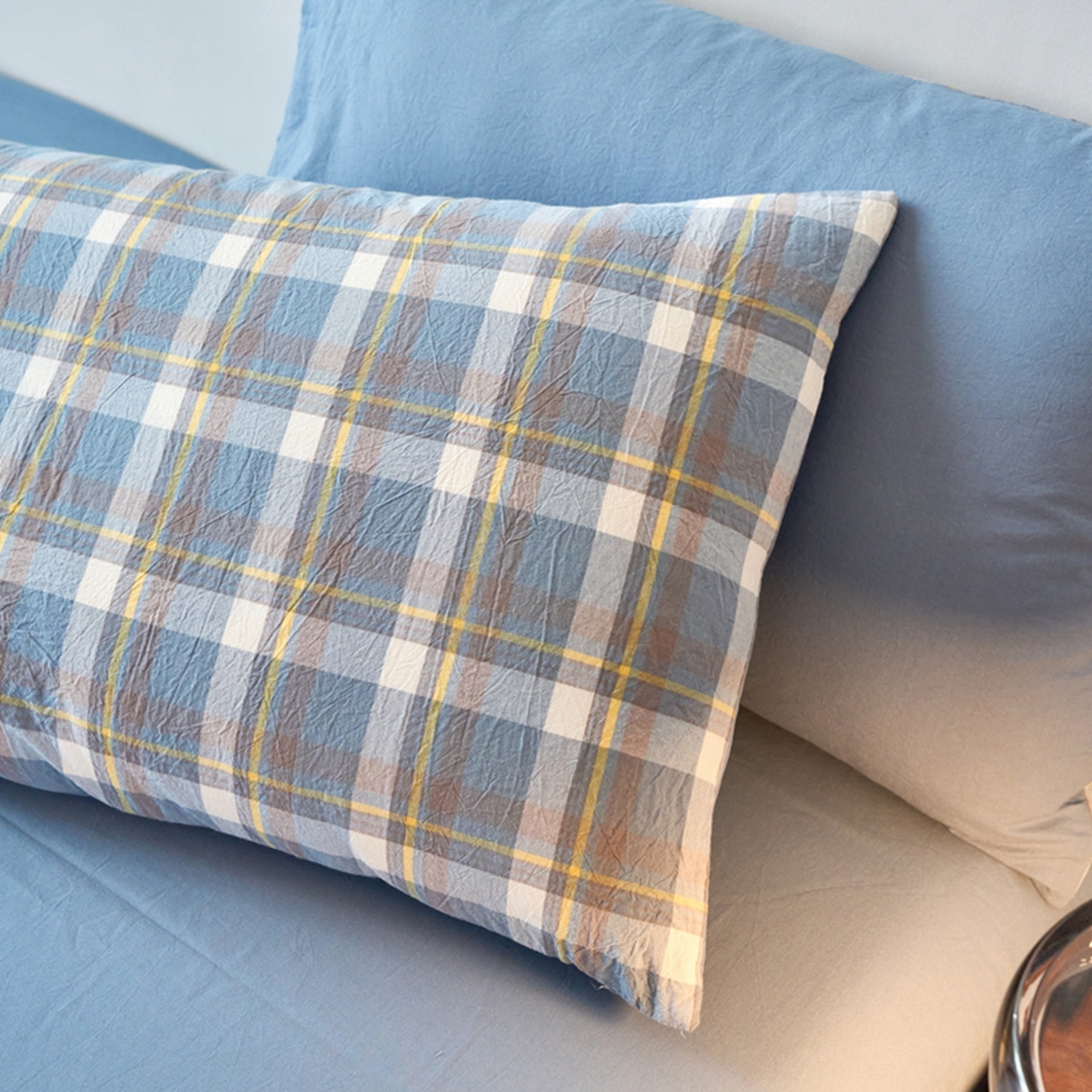 91家纺网 家纺一手货源 找家纺 春皖家纺 2026春夏新款全棉水洗棉单枕套枕套单件单品枕套 素雅-蓝格