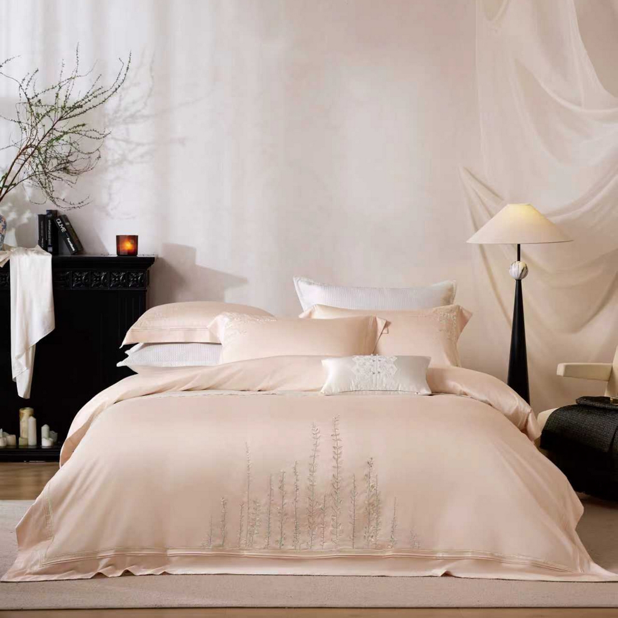 91家纺网 家纺一手货源 找家纺 （总）玖玖爱家纺 2026新款100支长绒棉东方禅意柔奢风极简治愈四件套-漫枝