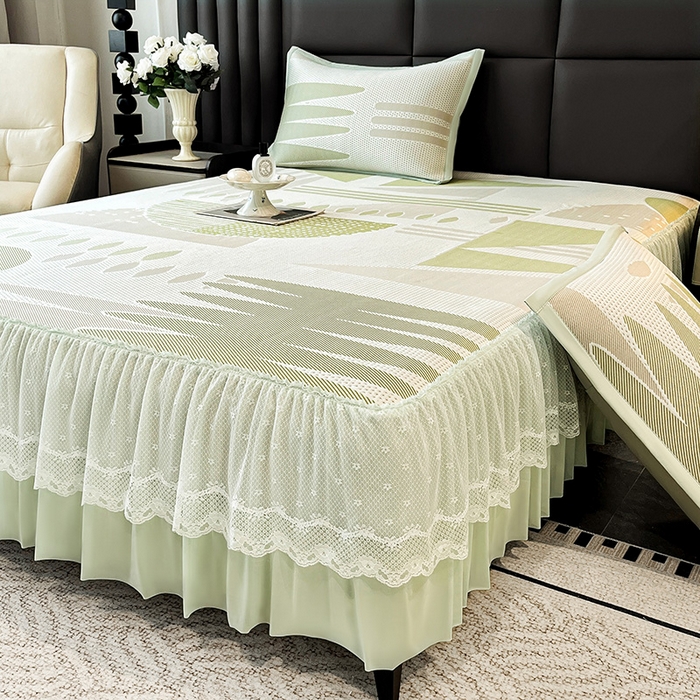 91家纺网 家纺一手货源 找家纺 雅诗帛 2026新款凉感丝PE凉感床裙款凉席三件套-几何系列 几何绿-床裙