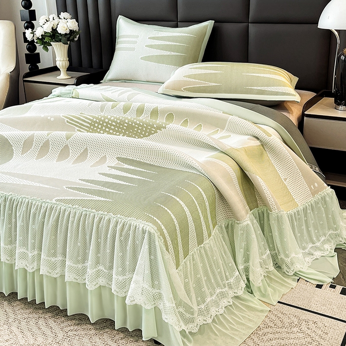 91家纺网 家纺一手货源 找家纺 雅诗帛 2026新款凉感丝PE凉感床裙款凉席三件套-几何系列 几何绿-床裙