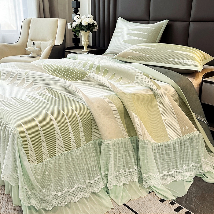 91家纺网 家纺一手货源 找家纺 雅诗帛 2026新款凉感丝PE凉感床裙款凉席三件套-几何系列 几何绿-床裙