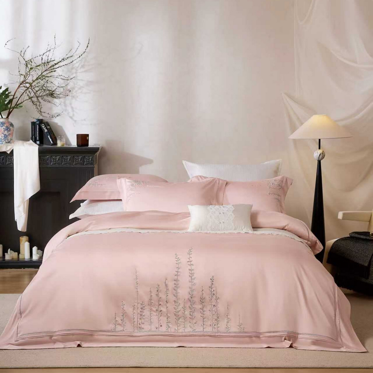 91家纺网 家纺一手货源 找家纺 玖玖爱家纺 2026新款100支长绒棉东方禅意柔奢风极简治愈四件套-漫枝 漫枝-桃思粉