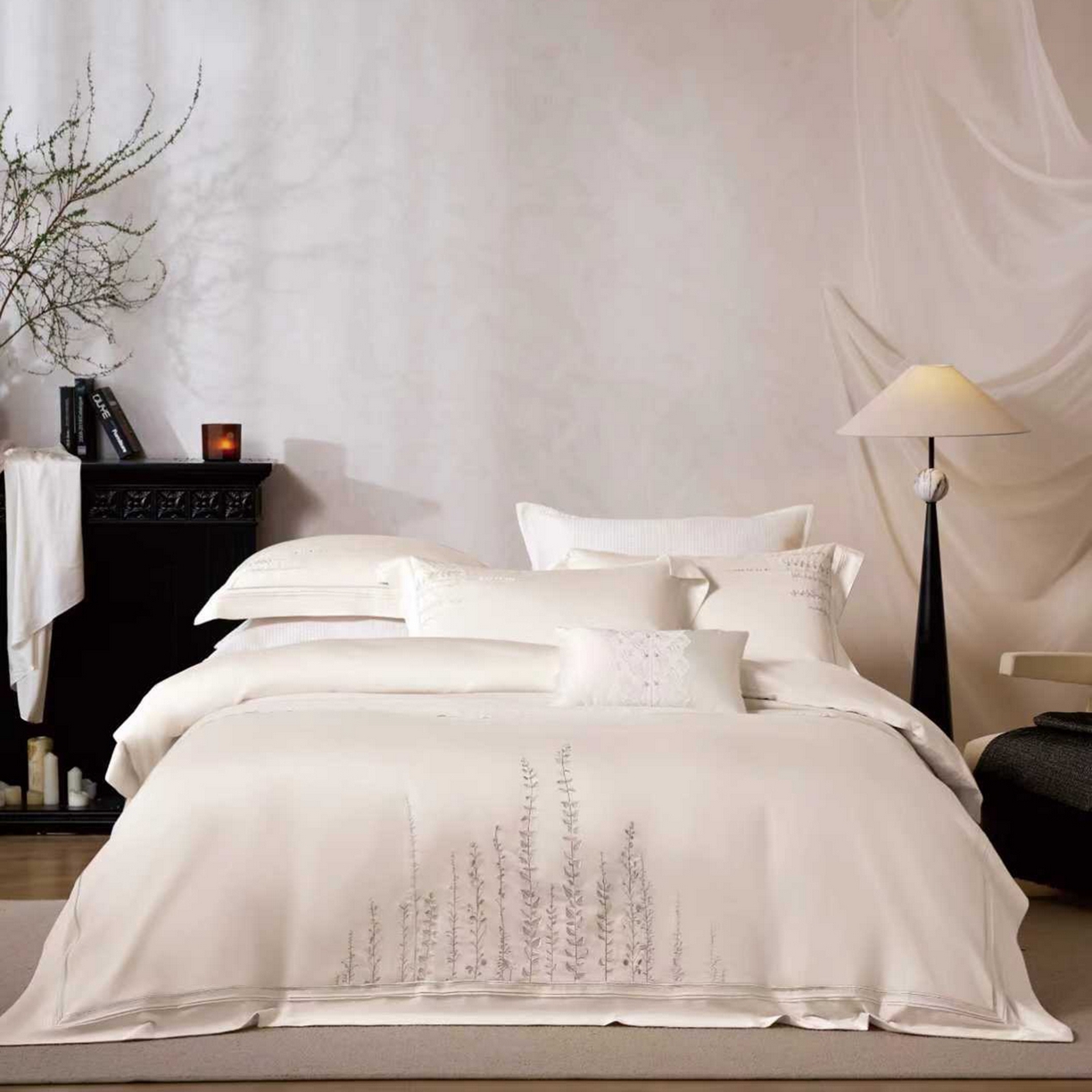 玖玖爱家纺 2026新款100支长绒棉东方禅意柔奢风极简治愈四件套-漫枝 漫枝-云白