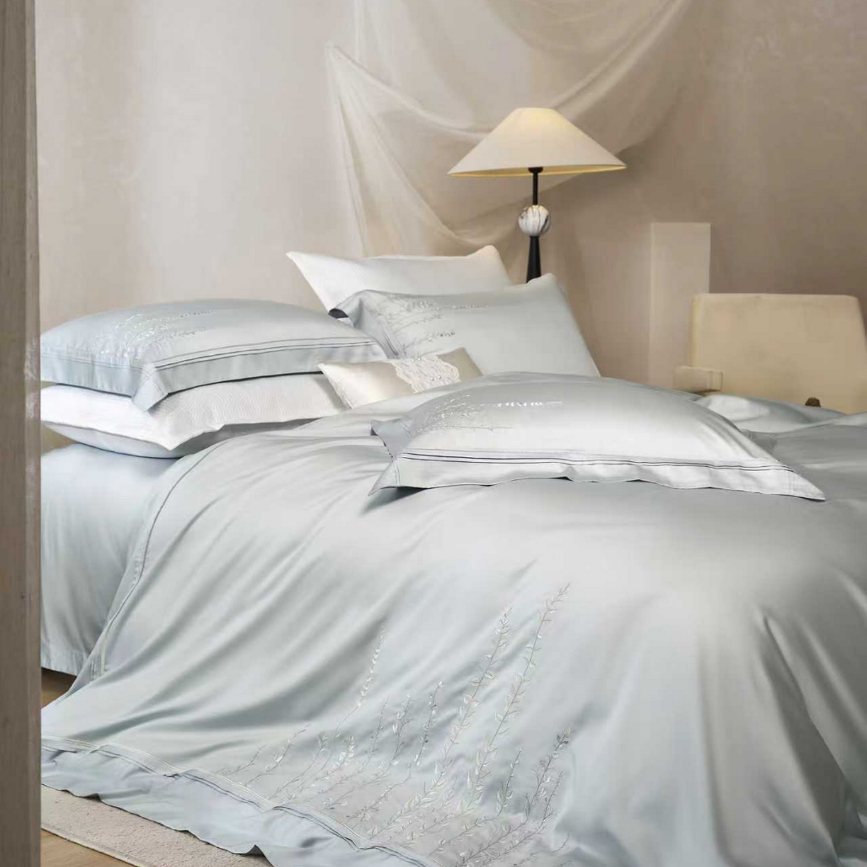 91家纺网 家纺一手货源 找家纺 玖玖爱家纺 2026新款100支长绒棉东方禅意柔奢风极简治愈四件套-漫枝 漫枝-冰川兰