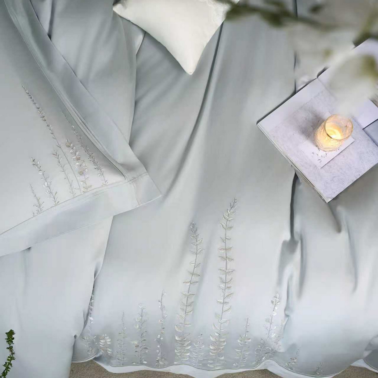 91家纺网 家纺一手货源 找家纺 玖玖爱家纺 2026新款100支长绒棉东方禅意柔奢风极简治愈四件套-漫枝 漫枝-冰川兰