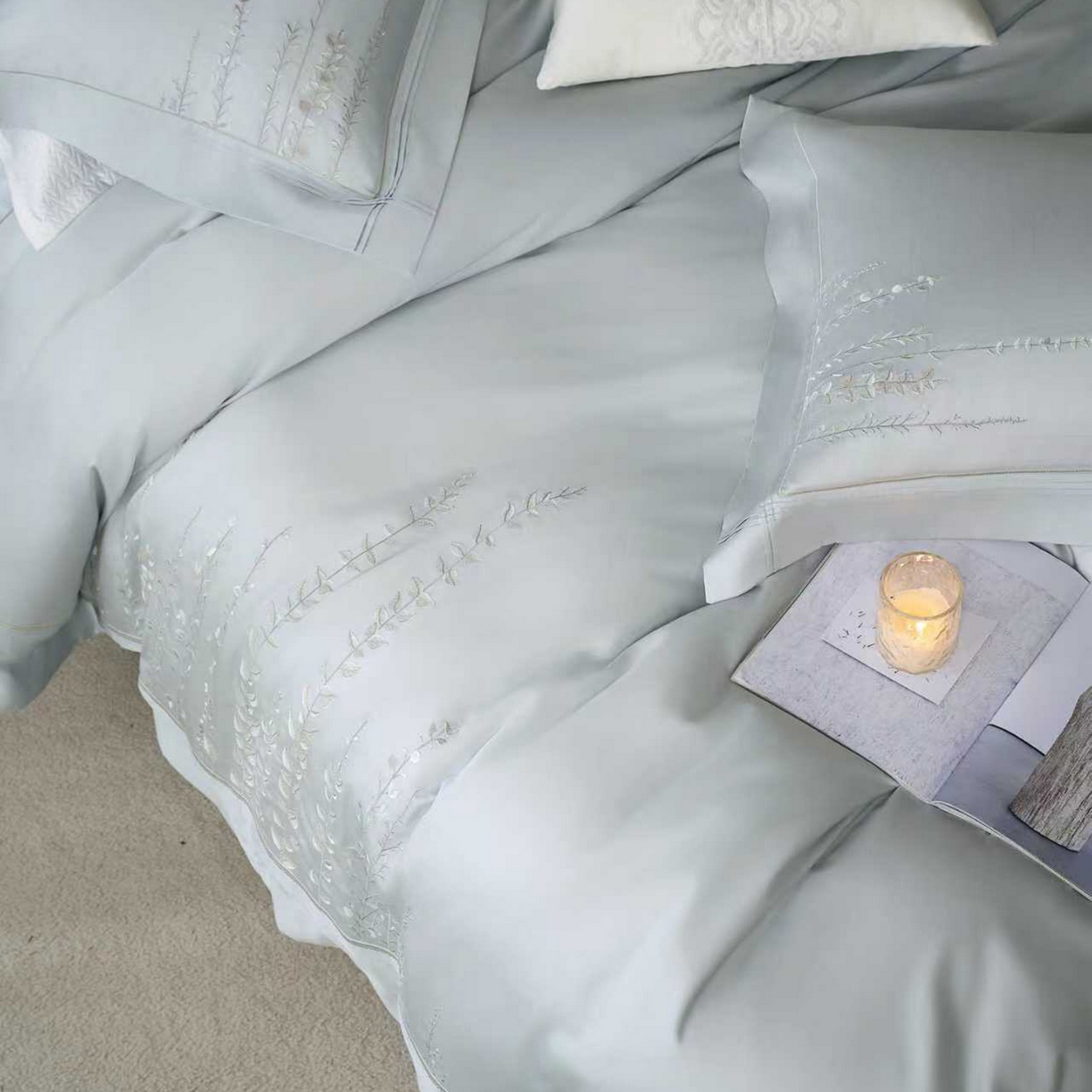 91家纺网 家纺一手货源 找家纺 玖玖爱家纺 2026新款100支长绒棉东方禅意柔奢风极简治愈四件套-漫枝 漫枝-冰川兰