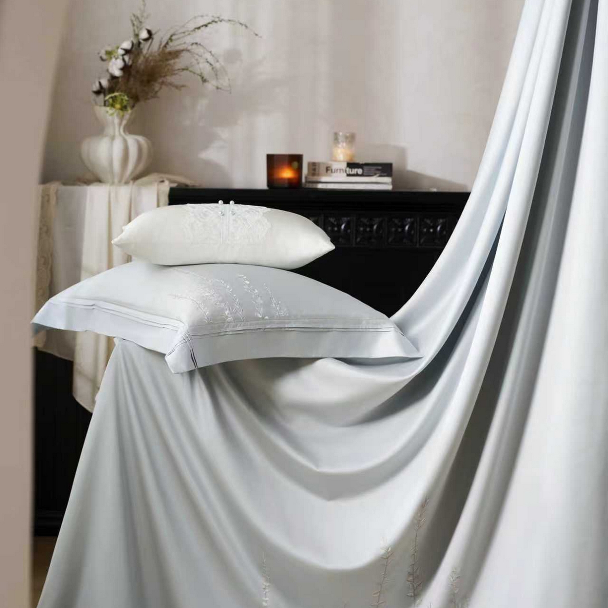 91家纺网 家纺一手货源 找家纺 玖玖爱家纺 2026新款100支长绒棉东方禅意柔奢风极简治愈四件套-漫枝 漫枝-冰川兰