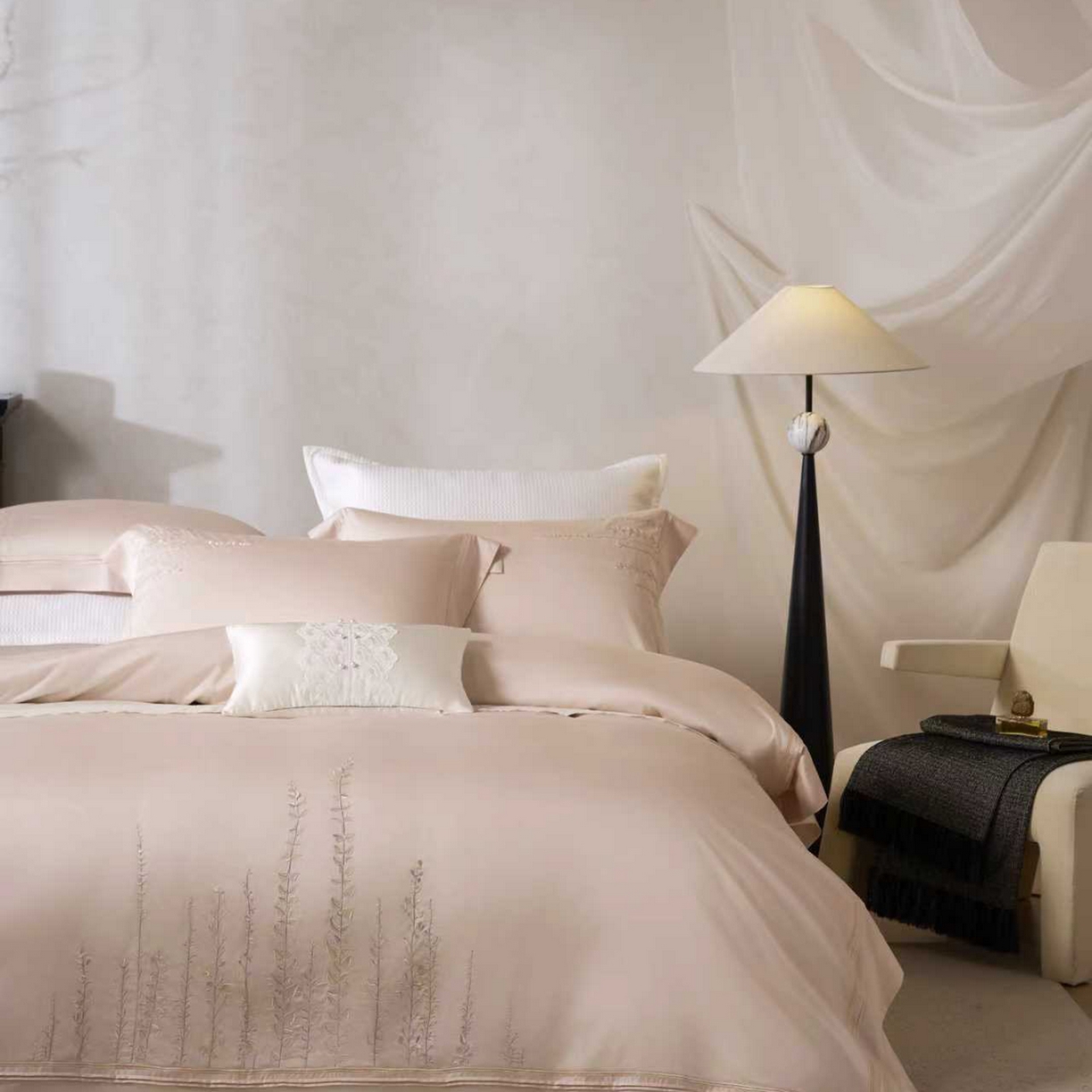 91家纺网 家纺一手货源 找家纺 玖玖爱家纺 2026新款100支长绒棉东方禅意柔奢风极简治愈四件套-漫枝 漫枝-科舍玉