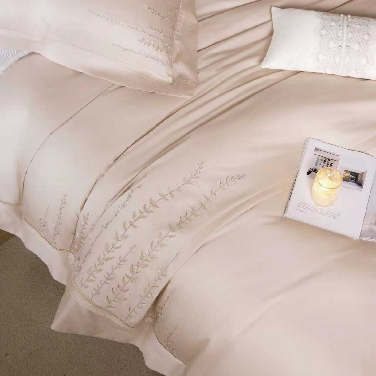 91家纺网 家纺一手货源 找家纺 玖玖爱家纺 2026新款100支长绒棉东方禅意柔奢风极简治愈四件套-漫枝 漫枝-科舍玉