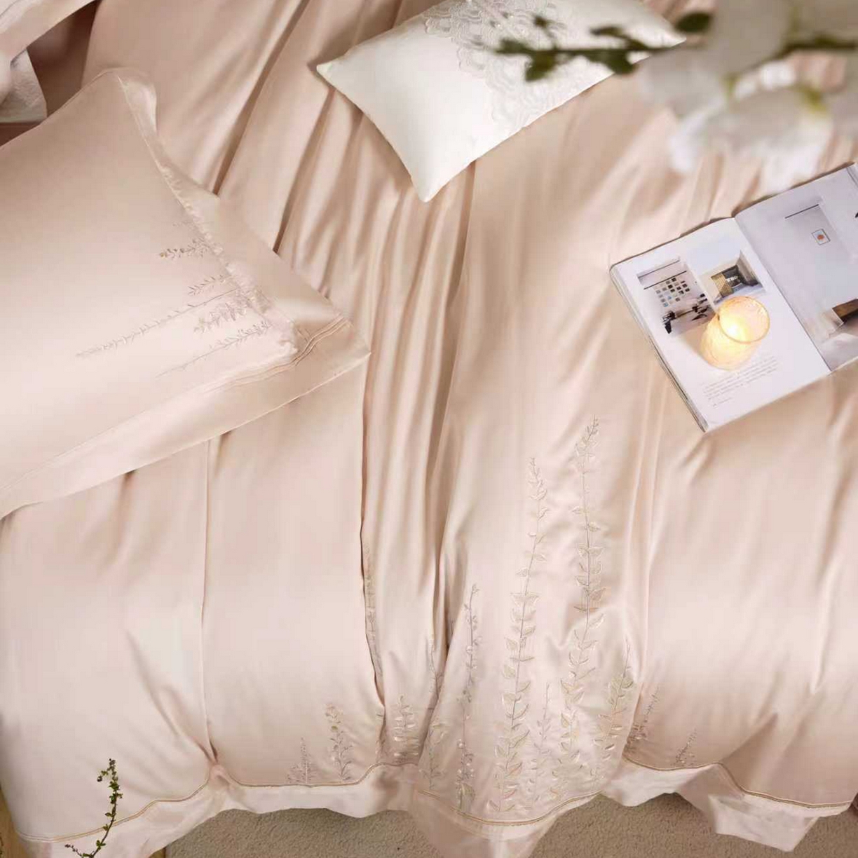 91家纺网 家纺一手货源 找家纺 玖玖爱家纺 2026新款100支长绒棉东方禅意柔奢风极简治愈四件套-漫枝 漫枝-科舍玉