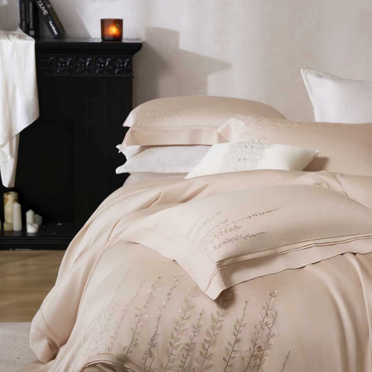 91家纺网 家纺一手货源 找家纺 玖玖爱家纺 2026新款100支长绒棉东方禅意柔奢风极简治愈四件套-漫枝 漫枝-科舍玉