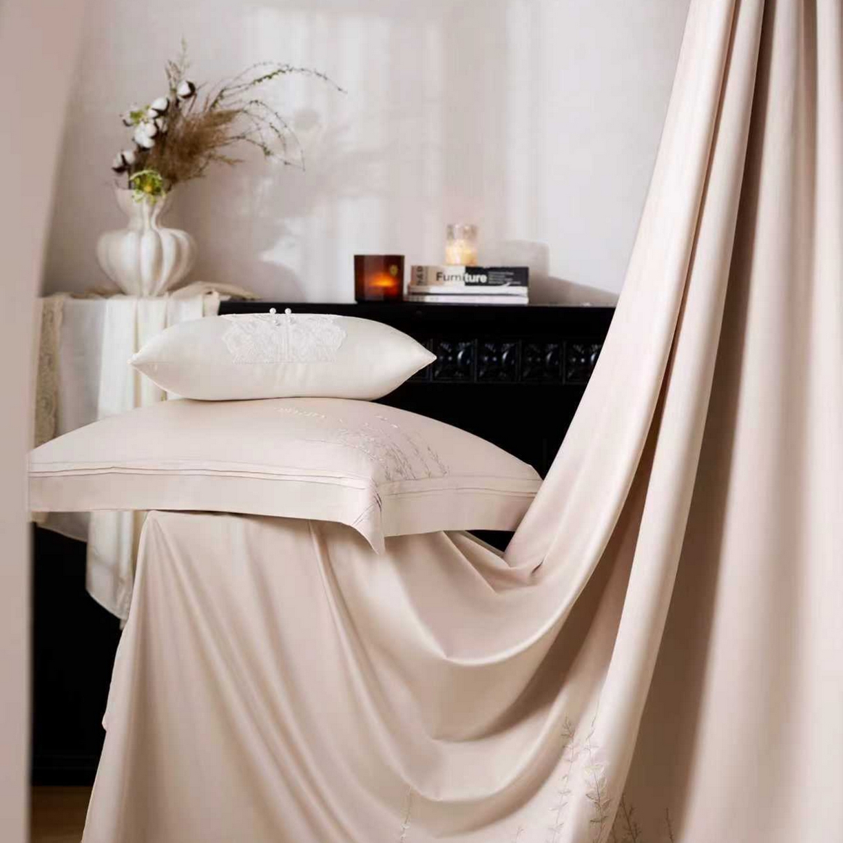 91家纺网 家纺一手货源 找家纺 玖玖爱家纺 2026新款100支长绒棉东方禅意柔奢风极简治愈四件套-漫枝 漫枝-科舍玉