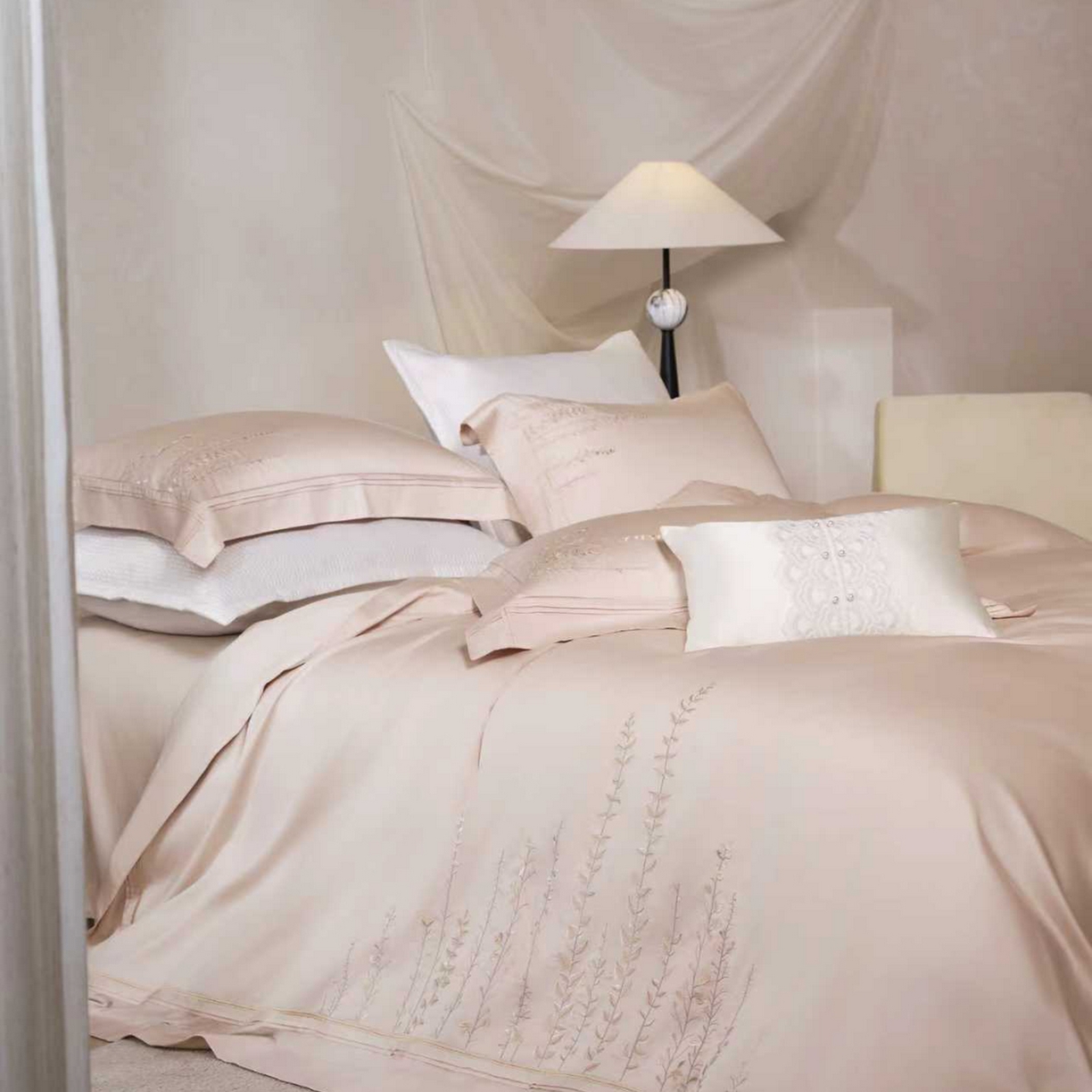 91家纺网 家纺一手货源 找家纺 玖玖爱家纺 2026新款100支长绒棉东方禅意柔奢风极简治愈四件套-漫枝 漫枝-科舍玉