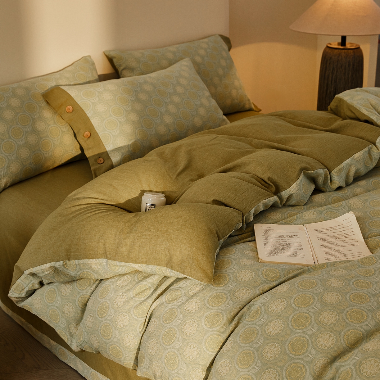 91家纺网 家纺一手货源 找家纺 （总）仰望棉麻双层纱供应链 2026新款全棉色织提花双层纱纽扣款四件套-梵可