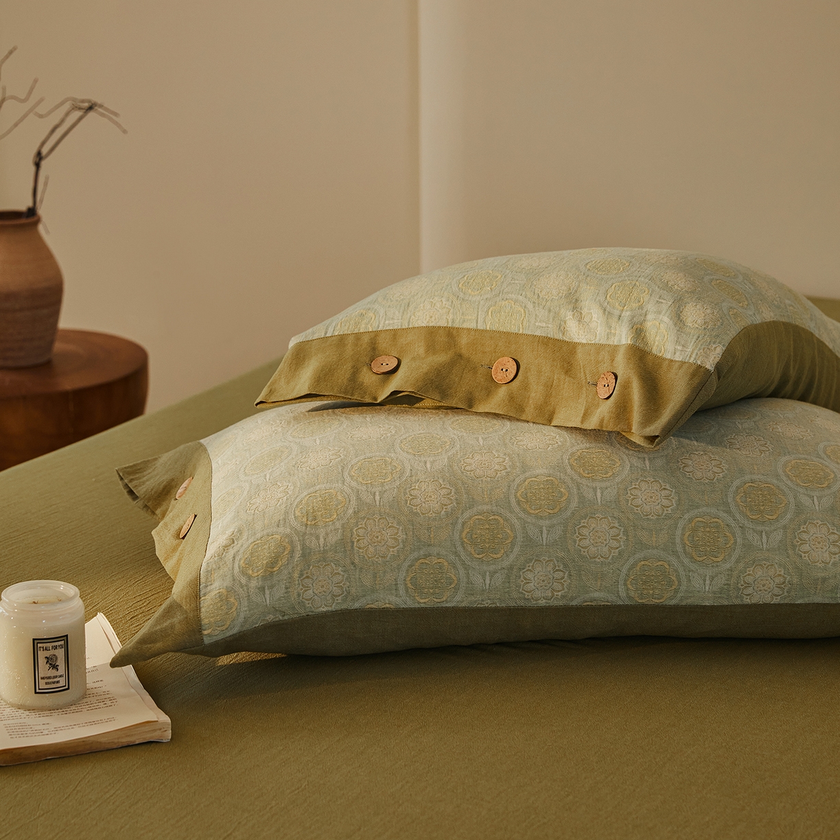 91家纺网 家纺一手货源 找家纺 （总）仰望棉麻双层纱供应链 2026新款全棉色织提花双层纱纽扣款四件套-梵可