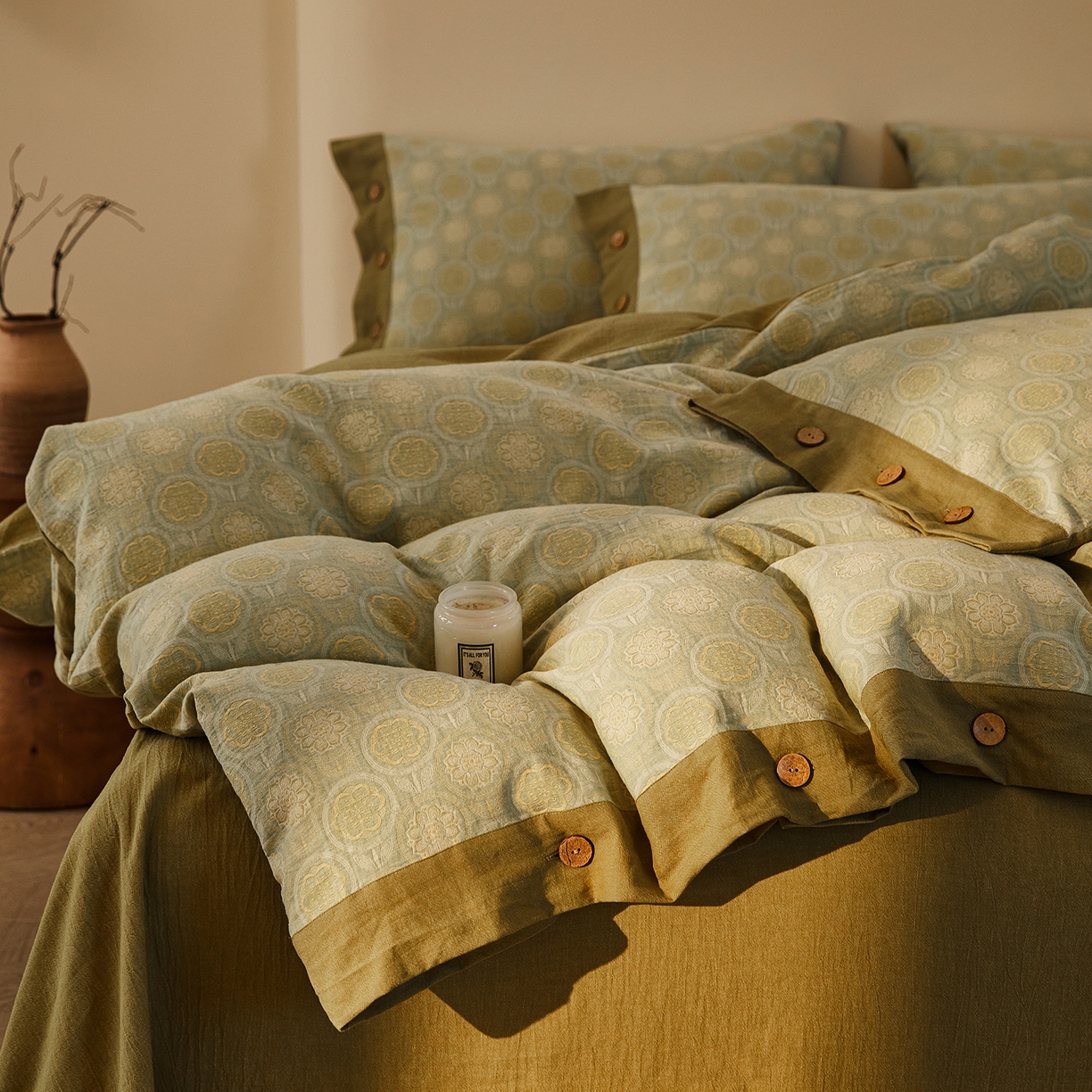 91家纺网 家纺一手货源 找家纺 （总）仰望棉麻双层纱供应链 2026新款全棉色织提花双层纱纽扣款四件套-梵可