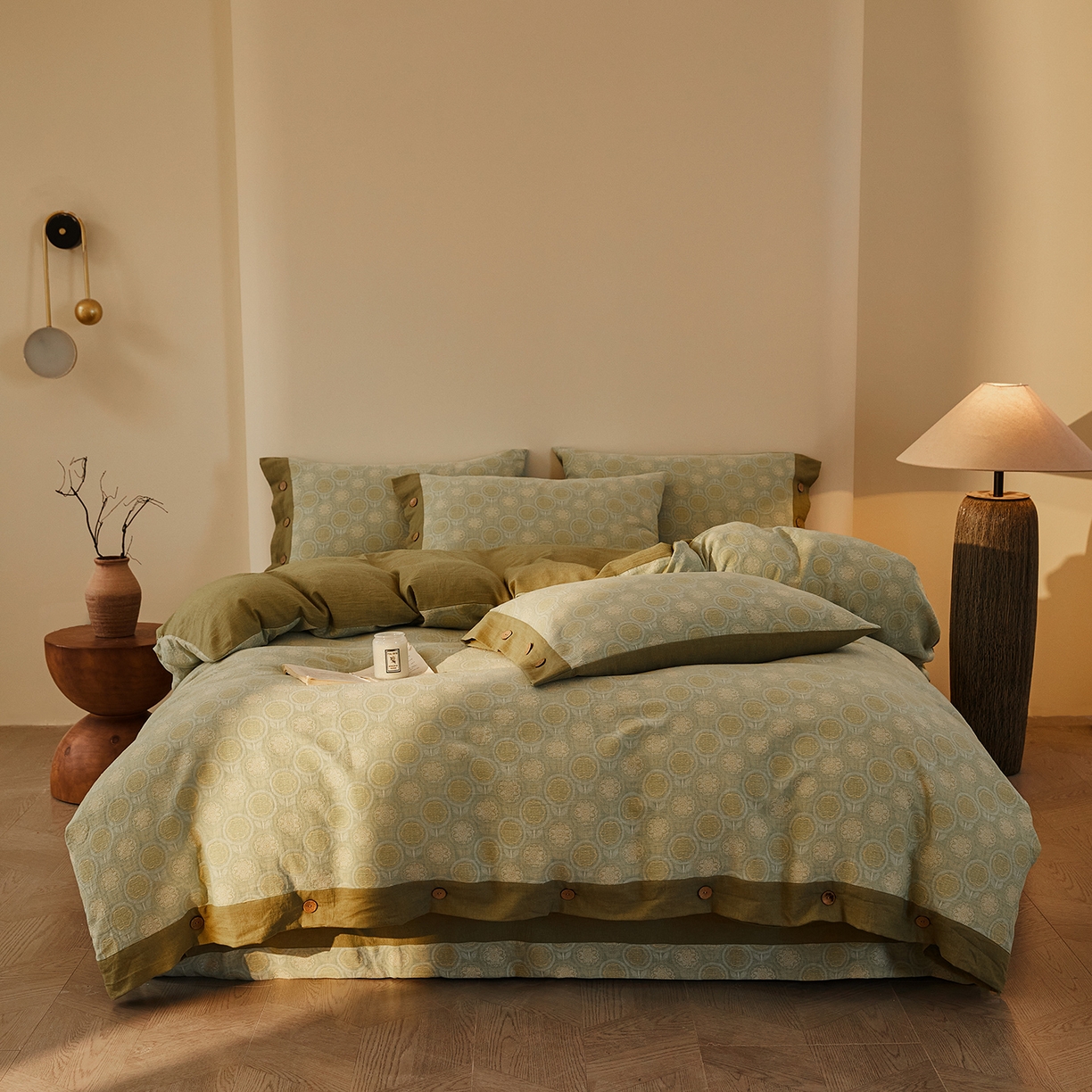 （总）仰望棉麻双层纱供应链 2026新款全棉色织提花双层纱纽扣款四件套-梵可