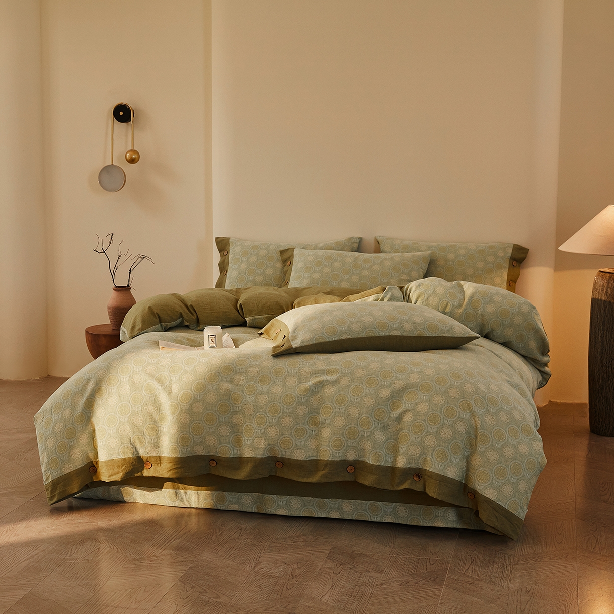 91家纺网 家纺一手货源 找家纺 （总）仰望棉麻双层纱供应链 2026新款全棉色织提花双层纱纽扣款四件套-梵可