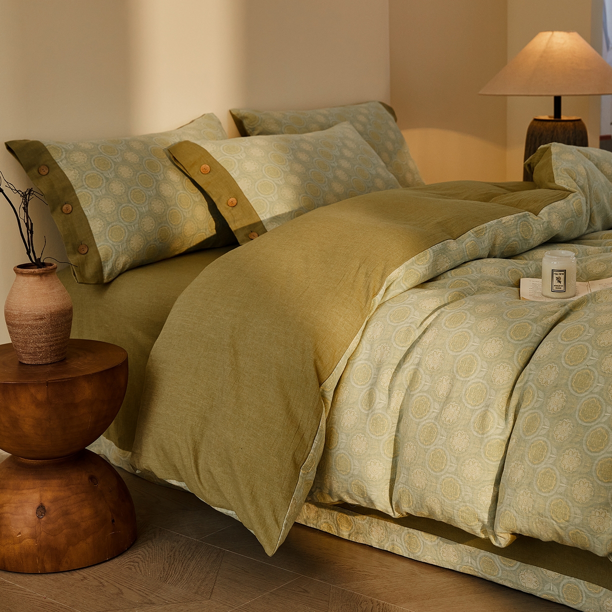 91家纺网 家纺一手货源 找家纺 （总）仰望棉麻双层纱供应链 2026新款全棉色织提花双层纱纽扣款四件套-梵可