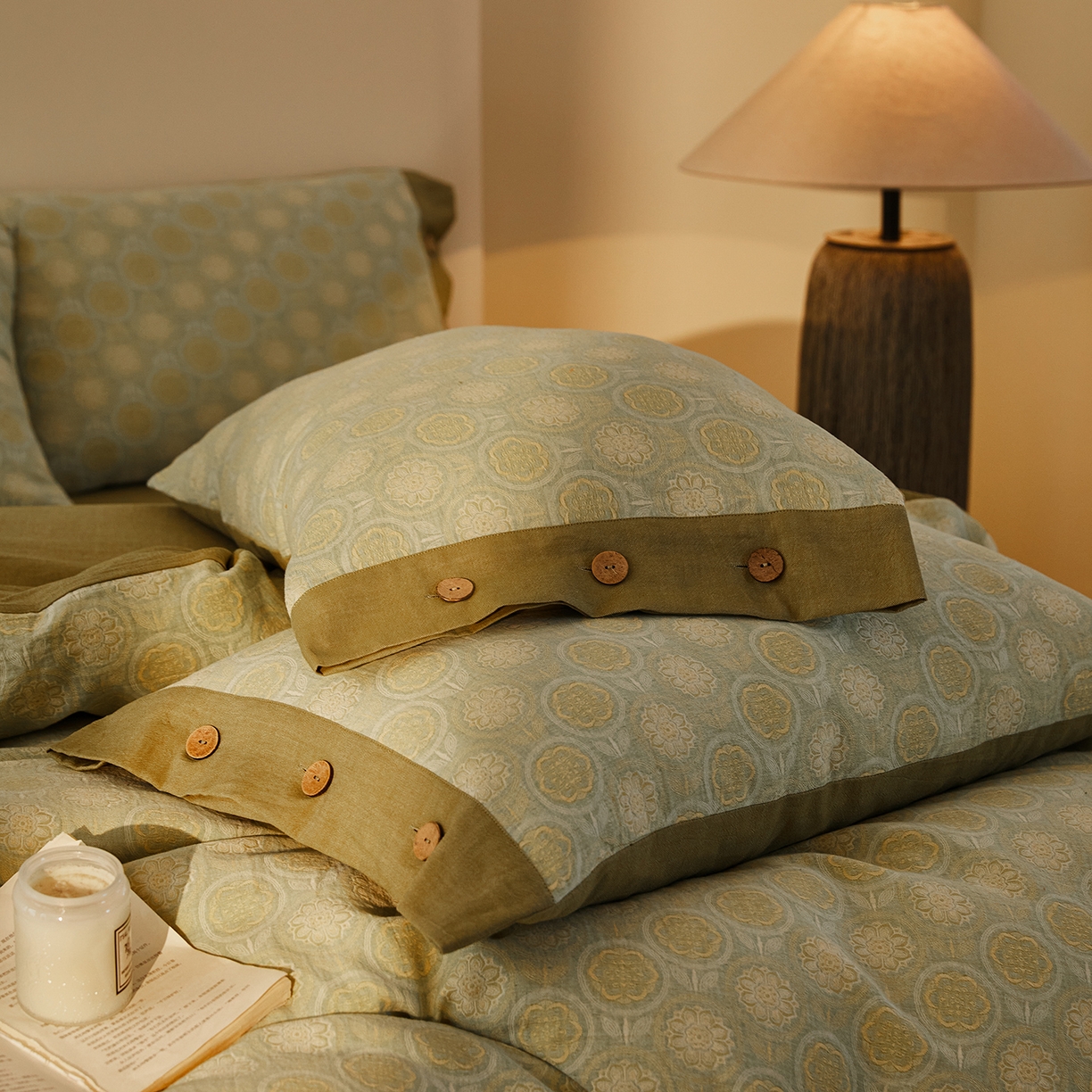 91家纺网 家纺一手货源 找家纺 （总）仰望棉麻双层纱供应链 2026新款全棉色织提花双层纱纽扣款四件套-梵可