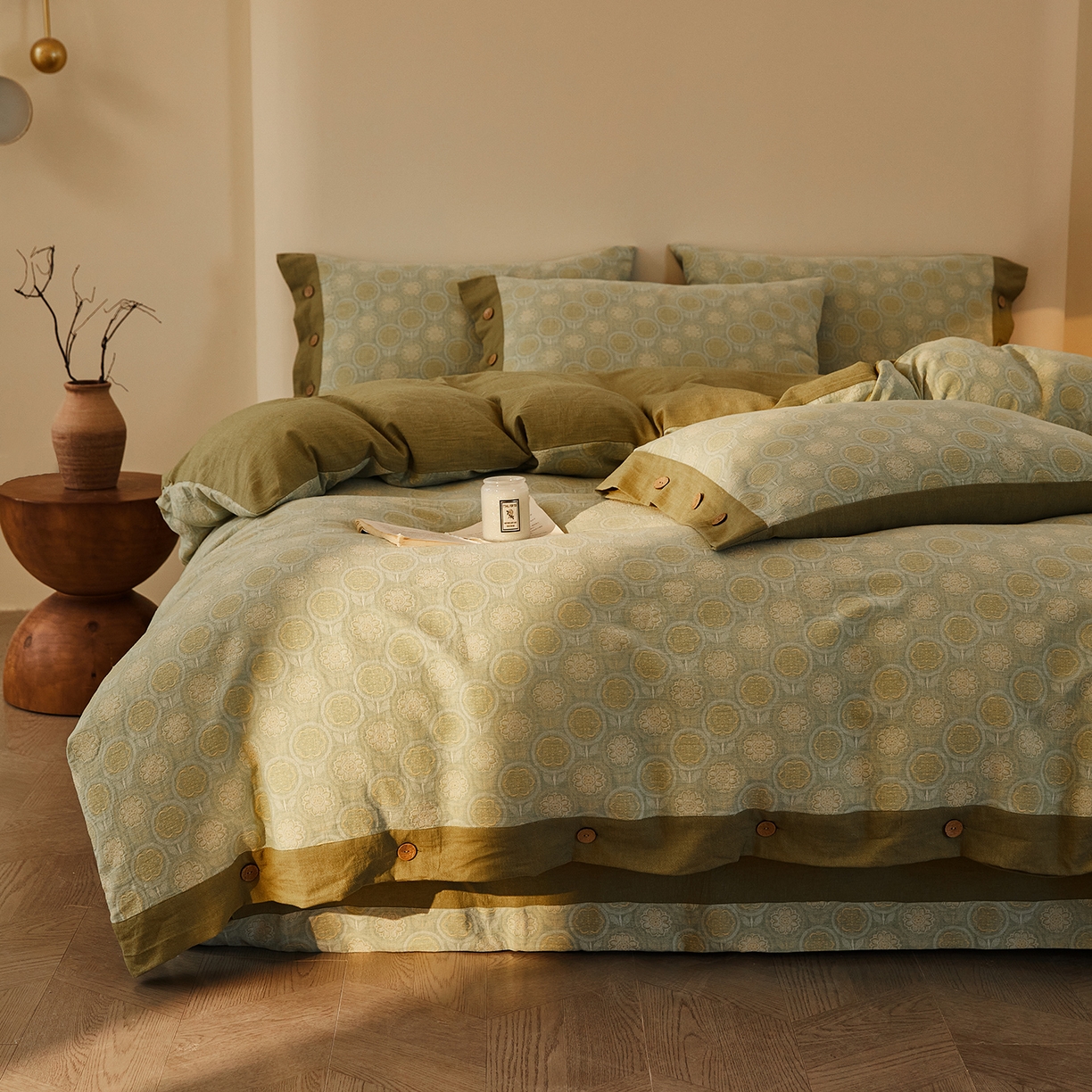 91家纺网 家纺一手货源 找家纺 （总）仰望棉麻双层纱供应链 2026新款全棉色织提花双层纱纽扣款四件套-梵可