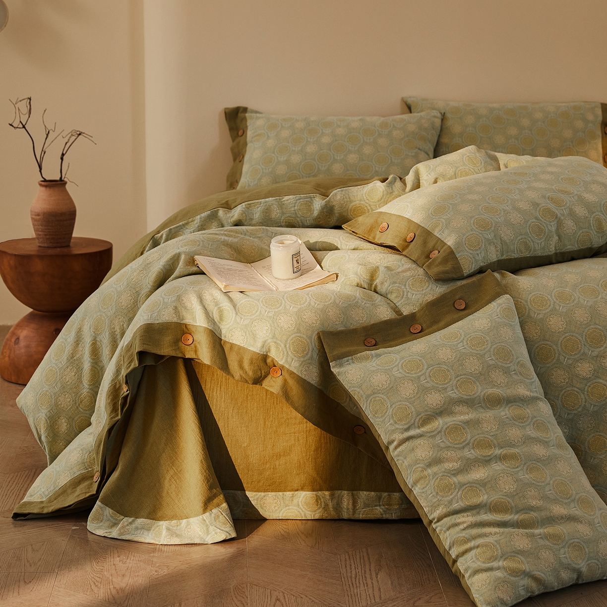 91家纺网 家纺一手货源 找家纺 （总）仰望棉麻双层纱供应链 2026新款全棉色织提花双层纱纽扣款四件套-梵可