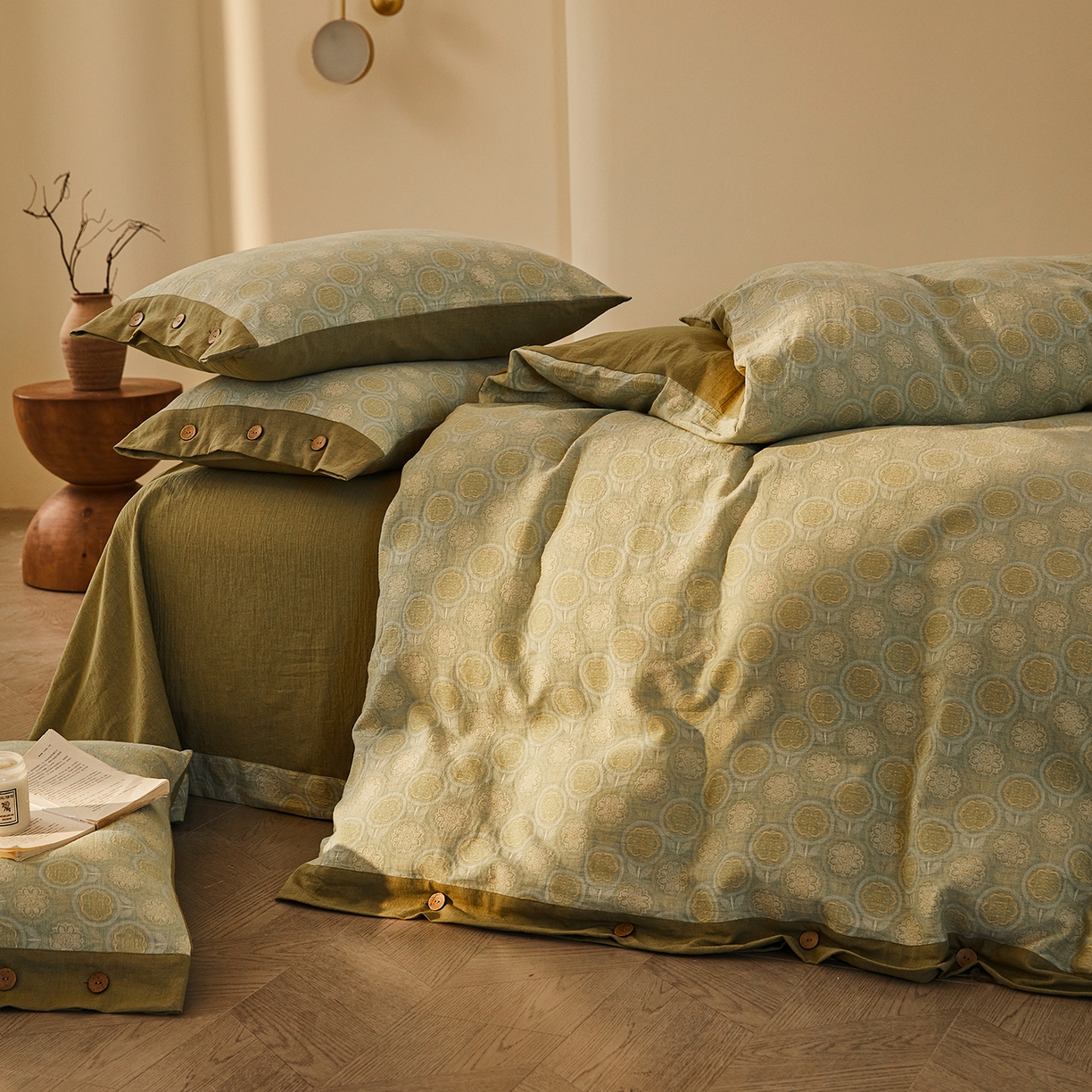 91家纺网 家纺一手货源 找家纺 （总）仰望棉麻双层纱供应链 2026新款全棉色织提花双层纱纽扣款四件套-梵可