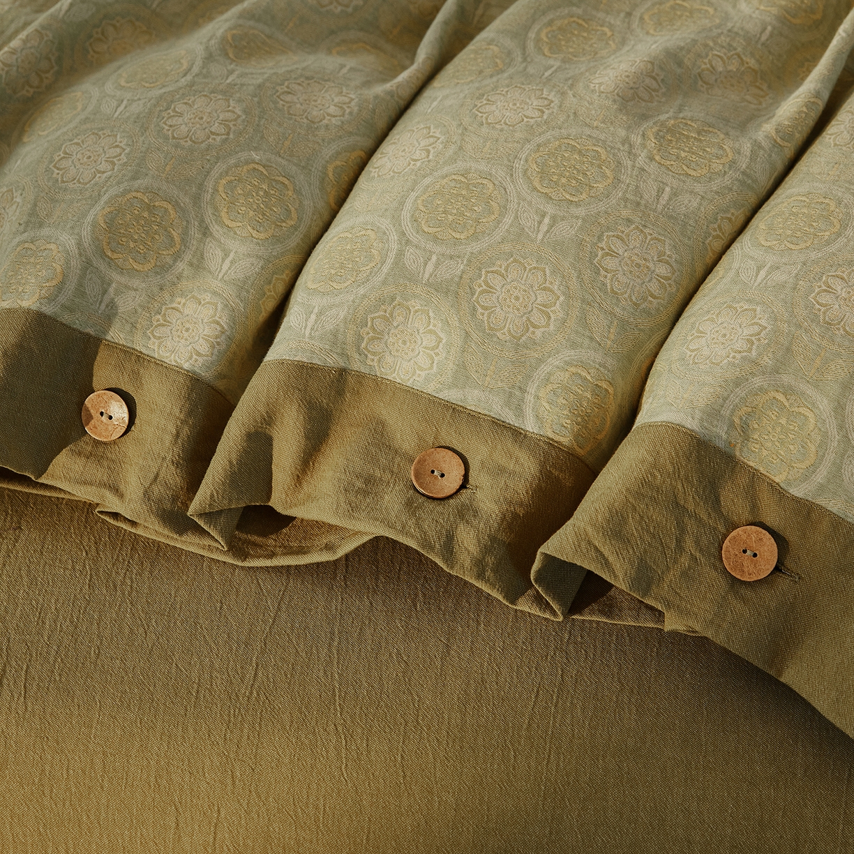 91家纺网 家纺一手货源 找家纺 （总）仰望棉麻双层纱供应链 2026新款全棉色织提花双层纱纽扣款四件套-梵可