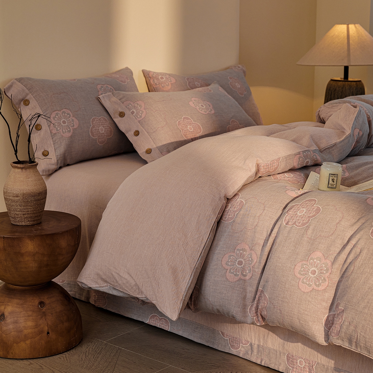 91家纺网 家纺一手货源 找家纺 （总）仰望棉麻双层纱供应链 2026新款全棉色织提花双层纱纽扣款四件套-花未眠